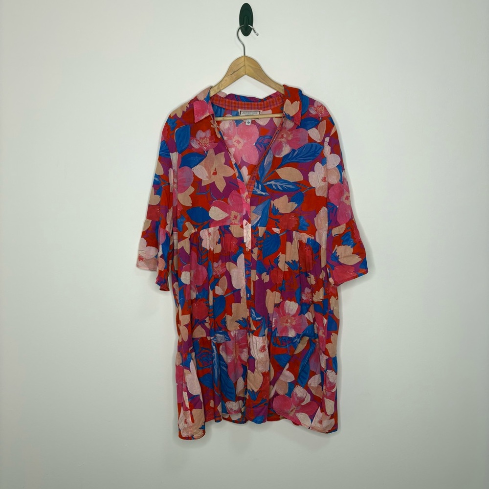 Johnny Was Red Pink Blue Floral Tunic Dress